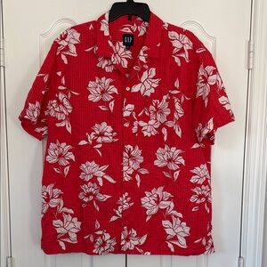GAP Men's Red and White Floral Button Down Shirt